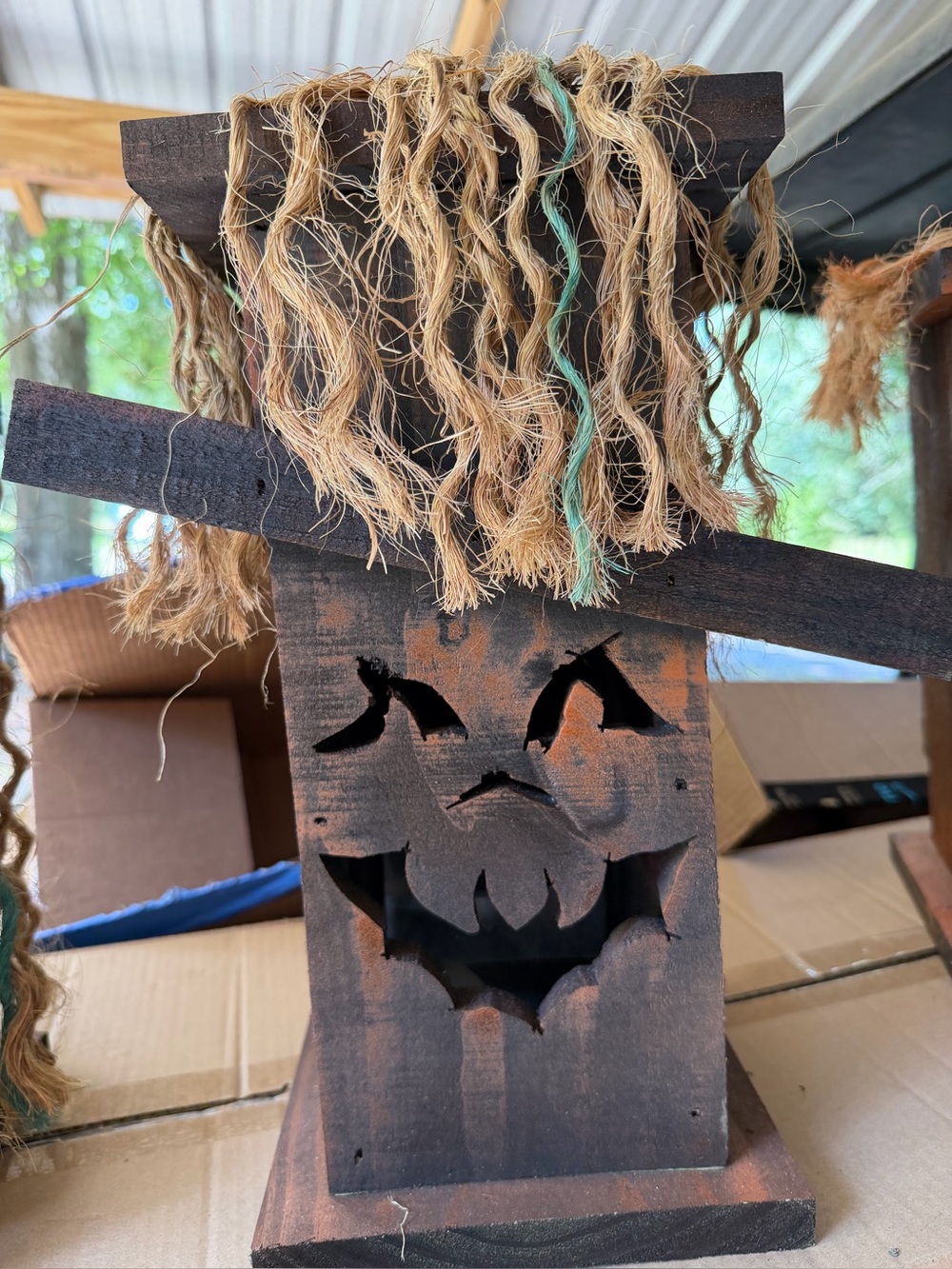 Rustic Black Wood Halloween Scarecrow Lantern - Unbranded